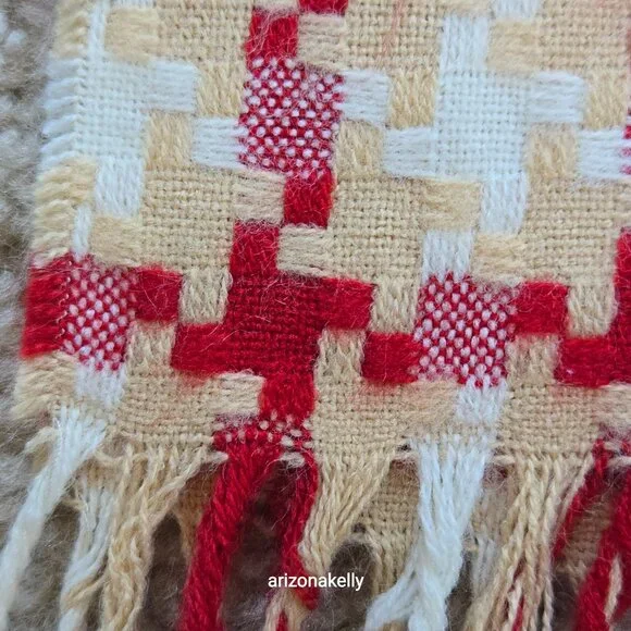 Woven Cashmere Houndstooth Scarf Red Tan White Pink - Picture 3 of 16